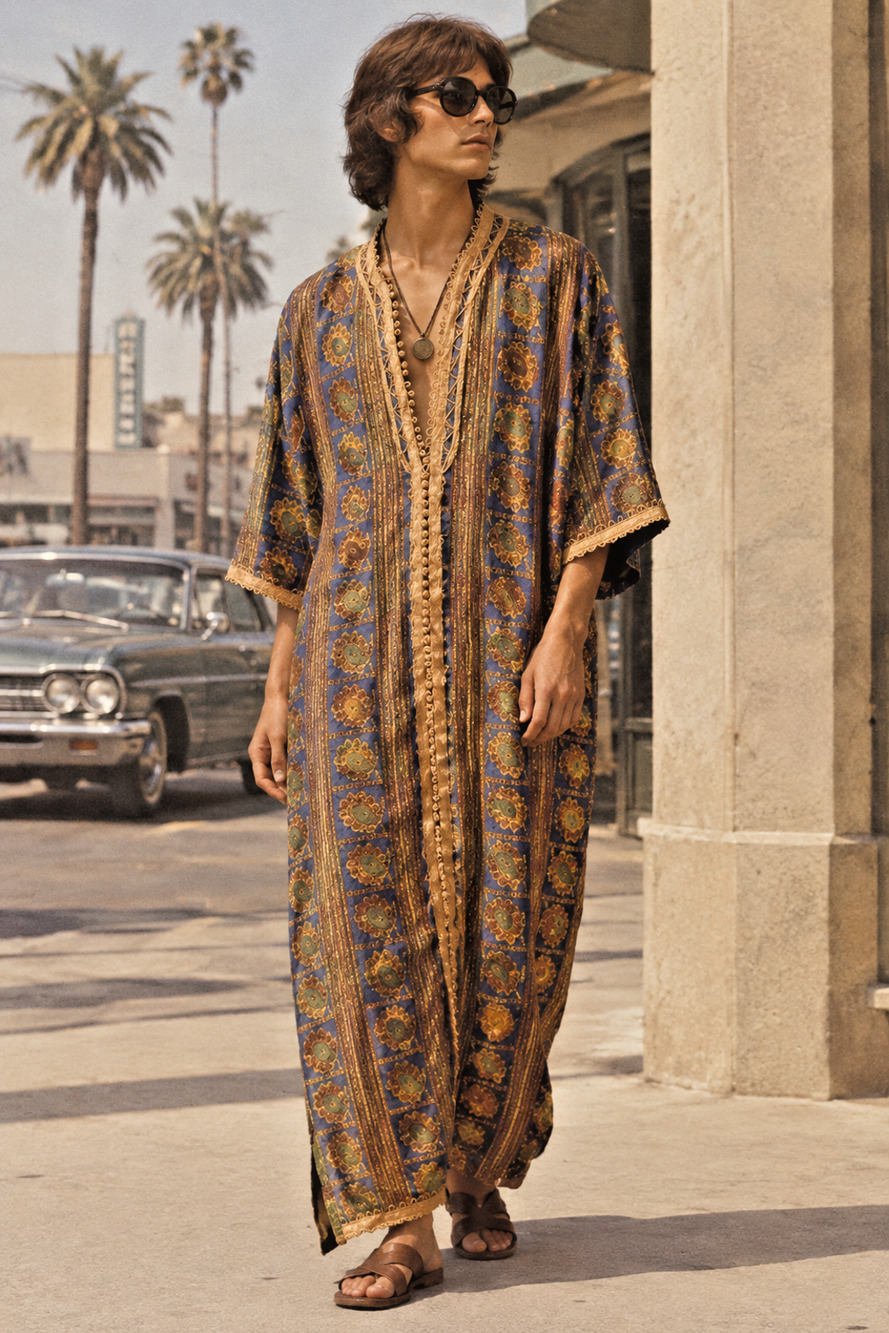Vintage 60s Gorgeous Moroccan Silk Caftan Dress 3/4 Sleeve Heavy Gold Embroidery